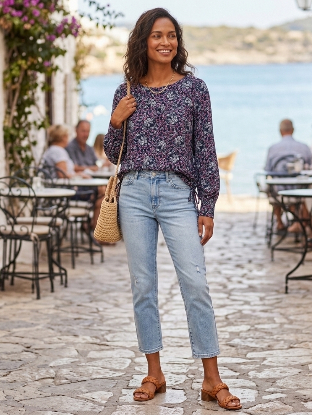 LOFT Navy & Pink Floral Pull Tie Hem Long Sleeve Chiffon Blouse Size Small